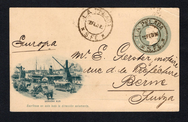 ARGENTINA - 1896 - POSTAL STATIONERY & CANCELLATION: 4c grey green postal stationery viewcard (H&G 16a) with view of 'Darsena Sud' (showing the docks) used with two strikes of LA PELADA S.FE cds dated 18 FEB 1896. Addressed to SWITZERLAND.  (ARG/42274)