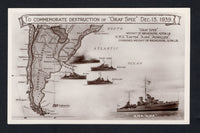 ARGENTINA - 1940 - GRAF SPEE & POSTCARD: Circa 1940. Black & white PPC showing Map of Argentina, the Graf Spee, HMS Ajax, HMS Achilles and the HMS Exeter inscribed 'To Commemorate Destruction of Graf Spee Dec 13 1939'. Produced by Les Hardy, Port Stanley, Falkland Islands. Fine unused.  (ARG/42349)