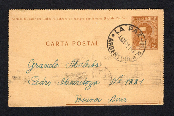 ARGENTINA - 1945 - CANCELLATION: 5c brown on ochre rough card postal stationery lettercard (H&G A29b, with outer perforations removed) used with fine strike of LA PAZ E.R. (Entre Rios) cds dated 6 ABR 1945. Addressed to BUENOS AIRES with transit & arrival marks on reverse.  (ARG/42356)