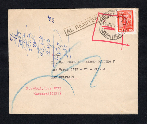 ARGENTINA - 1967 - SWISS COLONY IN ARGENTINA & UNCLAIMED MAIL: Cover franked with 1961 10p scarlet (SG 1038) tied by CARACARANA "S.F." cds dated 20 JAN 1967. Addressed to MAR DEL PLATA unclaimed and returned with various markings. Original letter enclosed. Caracarana was one of the original Swiss settlements in Santa Fe province.  (ARG/42357)