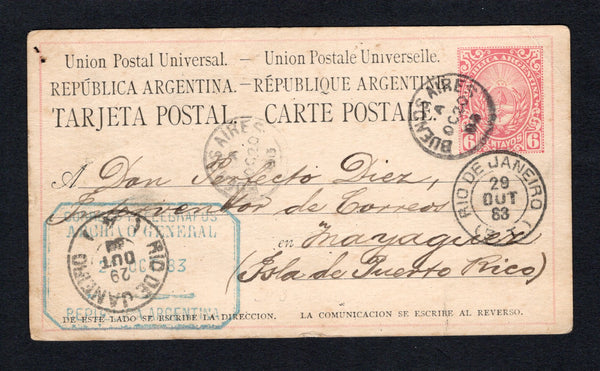 ARGENTINA - 1883 - DESTINATION & OFFICIAL MAIL: 6c rose on buff postal stationery card (H&G 3) with boxed 'CORREOS Y TELEGRAFOS ARCHIVO GENERAL REPUBLICA ARGENTINA' official cachet in blue on front used with BUENOS AIRES cds dated OC 20 1883. Addressed to MAYAGUEZ, ISLA DE PUERTO RICO with two different RIO DE JANEIRO, BRAZIL transit cds's on front. Signed on reverse from 'Pedro P. Gallardo, Jefe del Archivo, Gral de Correos y telegrafos'. A rare destination at this date.  (ARG43519)