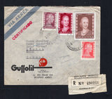 ARGENTINA - 1953 - EVA PERON ISSUE: Registered cover franked with 1952 10c claret, 20c rose red, 2p crimson and 5p red brown 'Eva Peron' issue (SG 836/837, 844 & 850) tied by BUENOS AIRES cds's dated MAR 1953 with printed registration label on front. Addressed to SWITZERLAND with arrival cds on reverse. The 5p is uncommon commercially used on cover.  (ARG43791)