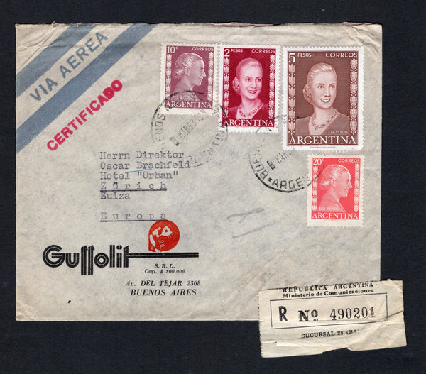 ARGENTINA - 1953 - EVA PERON ISSUE: Registered cover franked with 1952 10c claret, 20c rose red, 2p crimson and 5p red brown 'Eva Peron' issue (SG 836/837, 844 & 850) tied by BUENOS AIRES cds's dated MAR 1953 with printed registration label on front. Addressed to SWITZERLAND with arrival cds on reverse. The 5p is uncommon commercially used on cover.  (ARG43791)