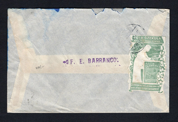 ARGENTINA - 1913 - CINDERELLA & STAMP DEALER MAIL: Cover franked with 1912 strip of three 5c rose 'Ploughman' issue (SG 400) tied by ROSARIO machine cancel dated NOV 23 1913. Addressed to SWITZERLAND with lovely illustrated 'BELA SZEKULA BUDAPEST UNGARN-HONGRIE' label depicting a woman looking at a stamp album and large Liberian stamp in foreground, embossed in white & green and tied on reverse by Swiss arrival cds.  (ARG43793)