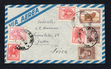 ARGENTINA - 1950 - SWISS COLONY & CANCELLATION: Airmail cover franked with 1945 2 x 10c maroon, 30c brown & yellow brown and 4 x 1945 5c carmine (SG 753, 757 & 773) all tied by multiple strikes of OBERA - MI cds's dated 29 MAY 1950. Addressed to SWITZERLAND. Obera was a Swiss settlement established in 1897 in the Misiones department.  (ARG43795)