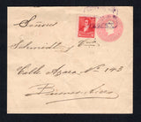 ARGENTINA - 1897 - TRAVELLING POST OFFICES & CANCELLATION: 5c rose postal stationery envelope (H&G B13a) used with added 1892 5c rose carmine (SG 181) tied by boxed ESTN ITUZAINGO (F.C.O. B.A.) cancel in purple dated 19 MAY 1897. Addressed locally within BUENOS AIRES with good strike of ESTAF. AMBULANTE No.25 F.C.O. cds on reverse with various other transit & arrival marks. Cover has a central vertical crease.  (ARG44322)