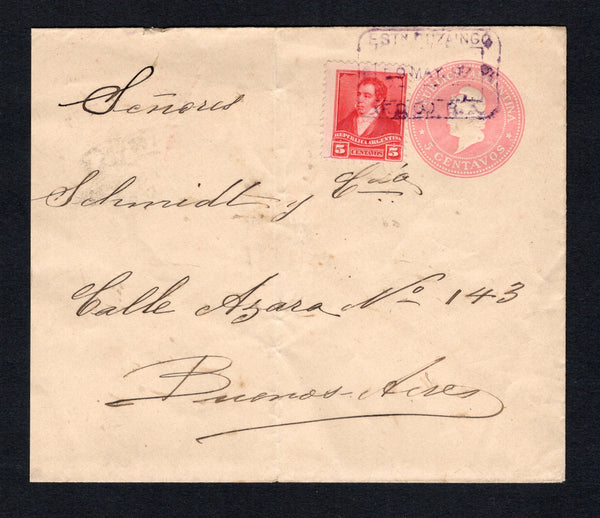 ARGENTINA - 1897 - TRAVELLING POST OFFICES & CANCELLATION: 5c rose postal stationery envelope (H&G B13a) used with added 1892 5c rose carmine (SG 181) tied by boxed ESTN ITUZAINGO (F.C.O. B.A.) cancel in purple dated 19 MAY 1897. Addressed locally within BUENOS AIRES with good strike of ESTAF. AMBULANTE No.25 F.C.O. cds on reverse with various other transit & arrival marks. Cover has a central vertical crease.  (ARG44322)