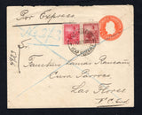 ARGENTINA - 1900 - EXPRESS MAIL: 5c orange postal stationery envelope (H&G B14a) with manuscript 'Por Expreso' at top used with added 1899 5c carmine & 20c lake 'Liberty Shield' issue (SG 226 & 233) tied by SUC. ALBERTI (CAP FEDERAL) cds dated 16 SET 1900. Addressed to LAS FLORES, F.C. SUD with blue crayon cross and 'No.273' express markings plus a variety of other express numbers in manuscript on front & reverse. A very scarce early Express cover with a high 30c rate.  (ARG44558)
