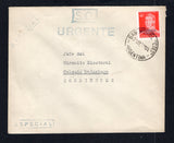 ARGENTINA - 1957 - PROVISIONAL OFFICIAL ISSUE: Cover with boxed 'S.O.' at top, straight line 'URGENTE' and boxed 'ESPECIAL' official markings on front & reverse franked with 1954 40c scarlet with locally made 'SERVICIO OFICIAL' handstamp in blue (SG O870 variety) tied by fine SAN MIGUEL "CTES" cds dated 24 JUL 1957. Addressed to COLONIA MADARIAGA, CORRIENTES with arrival cds on reverse. An unusual provisional official issue.  (ARG45254)