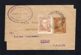 ARGENTINA - 1939 - SWISS COLONIES IN ARGENTINA: 1c ochre postal stationery newspaper wrapper (H&G E59) with oval 'AGENCIA DE DIARIOS Y REVISTAS NIHOUL Hnos ESPERANZA Sta Fe' company handstamp on front used with added 1935 1c yellow brown (SG 645) tied by ESPERANZA S.F. cds dated 11 MAR 1939. Addressed to GRUTLY, F.C.S.Fe. Esperanza was one of the earliest Swiss colonies in Argentina founded in 1856 and Grutly which was founded by Swiss and Italian settlers in 1869 and its name derives from the Swiss mounta