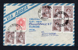 ARGENTINA - 1950 - SWEDISH COLONIES IN ARGENTINA: Airmail cover with typed return address on reverse 'Rem. Lotty Hersperger, c/o 122 Obera (Misiones), Rep Argentina' franked on front with seven copies of 1945 10c maroon and 1945 5c carmine (SG 753 & 773) tied by multiple strikes of OBERA Mi cds dated 13 ABR 1950. Addressed to SWITZERLAND. Obera, originally named Svea was a Swedish colony founded in 1913.  (ARG45465)