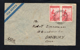 ARGENTINA - 1949 - JEWISH COLONIES IN ARGENTINA: Airmail cover with 'L Hussbaum, Las Palmeras, Prov. Sta Fe, R. Argentina' manuscript return address on reverse franked with pair 1942 25c carmine red & pink (SG 710) tied by fine strike of LAS PALMERAS - S.F. cds dated 31 OCT 1949. Addressed to ;Mr Rudolf Zimmermann, 10 Grandview Ave, Danbury, Conn, USA'. Las Palmeras was a Jewish settlement established in 1904 by Russian Jews assisted by the Jewish Colonisation Association.  (ARG45497)