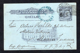 ARGENTINA - 1909 - SWISS COLONIES IN ARGENTINA: Incoming 6c on 3c dark grey 'Colombus' postal stationery card from Chile (H&G 30) used with SANTIAGO cds dated 24 DEC 1909. Addressed to 'Senor Arturo Hoehlke, c/o Molinero Molino Victoria, Maria Juana, F.C.B.A.y R, Rep. Argentina' with ESTACION MARIA JUANA (SANTA FE) arrival cds in blue on front and MARIA JUANA delivery cds on reverse. Maria Juana was an Italian and Swiss settlement established in 1883.  (ARG45500)