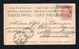 ARGENTINA - 1886 - POSTAL STATIONERY & SWISS COLONY IN ARGENTINA: 6c rose on buff postal stationery card (H&G 3) used with fine strike of boxed BARADERO BUENOS AIRES cancel dated 14 FEBR 1886. Addressed to GERMANY with transit & arrival cds's on front. Baradero was one of the earliest Swiss colonies in Argentina founded in the mid to late 1800's.  (ARG45514)