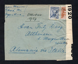 ARGENTINA - 1939 - SWISS COLONY & CANCELLATION: Censored cover with manuscript 'Alemania via Italia' at bottom franked with 1935 5c orange brown & 20c pale blue (SG 653b & 653) tied by OBERA - MI cds dated 4 NOV 1939. Addressed to GERMANY with printed 'OPENED BY CENSOR 1920' P.C.90 censor strip at right. Original letter is enclosed. Obera was a Swiss settlement established in 1897 in the Misiones department.  (ARG45780)