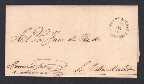 ARGENTINA - 1859 - OFFICIAL MAIL: Stampless entire letter endorsed 'Command Gral a Armas' at lower left sent from BUENOS AIRES with CORREOS DE BUENOS AIRES cds in black dated 2 JUN. Addressed to MERCEDES.  (ARG/7806)