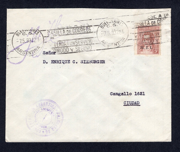 ARGENTINA - 1936 - MINISTERIAL ISSUES: Cover with printed 'Olympic Comite' insignia on flap franked with single 1936 5c orange brown 'M.J.I.' overprint issue (SG OD59E) tied by BUENOS AIRES roller cancel with 'COMITE OLIMPICO ARGENTINO' official cachet and signature handstamp on front. Addressed locally within BUENOS AIRES with arrival mark on reverse.  (ARG/7936)