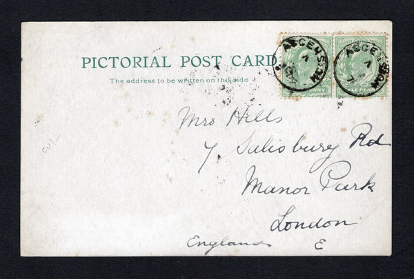 ASCENSION - 1907 - GREAT BRITAIN USED IN ASCENSION: Black & white PPC 'Wide Awake Fair. Birds facing wind and shadows of birds flying. Ascension.' franked on message side with Great Britain 1902 pair ½d yellowish green EVII issue (SG Z21a) tied by ASCENSION cds's dated 1907. Addressed to UK. Small faults.  (ASC43894)