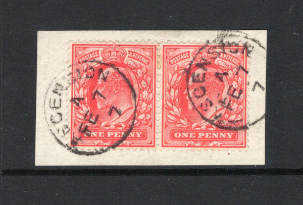 ASCENSION - 1902 - GREAT BRITAIN USED IN ASCENSION: 1d red EVII issue of Great Britain, a fine pair used on small piece with two complete strikes of ASCENSION cds dated FE 7 1907. Scarce. (SG Z22)  (ASC44102)