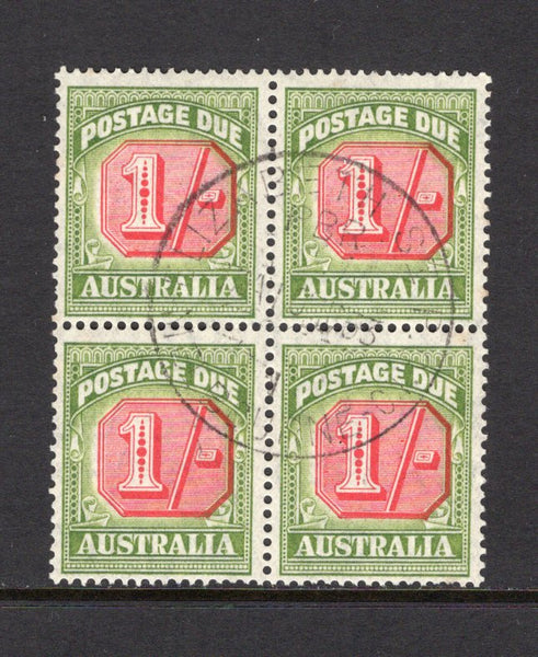 AUSTRALIA - 1953 - POSTAGE DUE & MULTIPLE: 1/- carmine & green 'Postage Due' issue, a fine cds used block of four. (SG D128)  (AUS/26125)