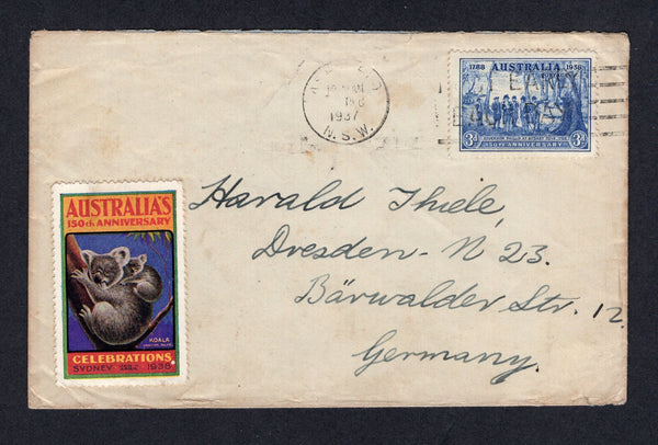 AUSTRALIA - 1937 - CINDERELLA: Cover franked with single 1937 3d bright blue (SG 194) tied by ASHFIELD machine cancel dated DEC 1937 with three 'Australia's 150th Anniversary Celebrations SYDNEY JAN-APRIL 1938' CINDERELLA labels attached, one on front depicting a koala bear and a pair on the reverse showing a Kangaroo and a rock formation. Attractive.  (AUS/41690)