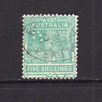 AUSTRALIAN STATES - WESTERN AUSTRALIA - 1905 - QV ISSUE: 5/- emerald green QV issue, watermark 'Crown over A' (Inverted), perf 12½, a superb cds used copy. (SG 148)  (AUS/41883)