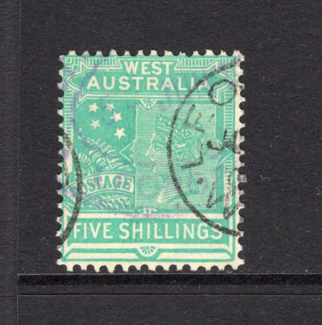 AUSTRALIAN STATES - WESTERN AUSTRALIA - 1902 - QV ISSUE: 5/- emerald green QV issue, watermark 'V over Crown', perf 12½, a superb cds used copy. (SG 126)  (AUS/41992)