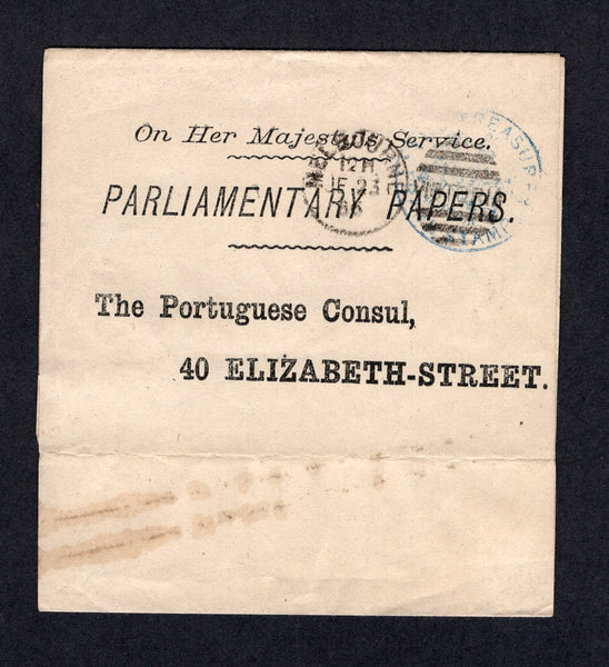 AUSTRALIAN STATES - VICTORIA - 1886 - OFFICIAL MAIL & POSTAL STATIONERY: Headed 'On Her Majesty's Service PARLIAMENTARY PAPERS' Official 'THE TREASURER' FRANK STAMP newspaper wrapper (H&G KF-E-33)  used with MELBOURNE duplex cancel dated JUN 23 1886. Addressed locally. Uncommon.  (AUS/42025)