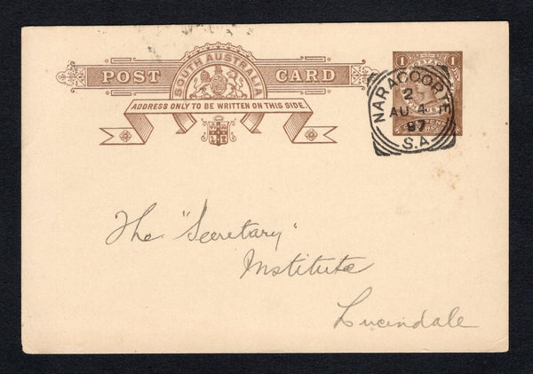 AUSTRALIAN STATES - SOUTH AUSTRALIA - 1897 - POSTAL STATIONERY & CANCELLATION: 1d dark brown on cream QV postal stationery card (H&G 3) used with fine NARACOORTE squared circle cds dated  AU 4 1897. Addressed to LUCINDALE with arrival cds on reverse.  (AUS/42183)