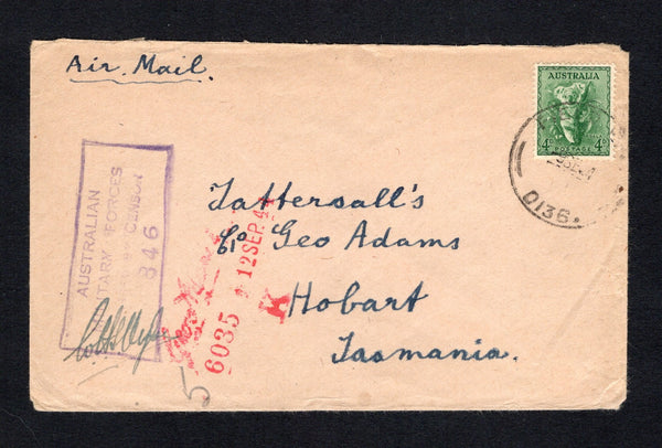 AUSTRALIA - 1944 - MILITARY & NORTHERN TERRITORY: Cover franked with 1937 4d green 'Koala' issue (SG 188)  tied by ARMY P.O. 0136 cds dated 9 SE 1944. located at 66½ MILE CAMP, NORTHERN TERRITORY. Addressed to HOBART, TASMANIA with boxed 'AUSTRALIAN MILITARY FORCES PASSED BY CENSOR 846' handstamp in purple and Censor's signature on front.  (AUS/43253)