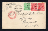 AUSTRALIA - 1916 - CANCELLATION: Cover franked with 1914 ½d bright green and pair 1d carmine red 'GV Head' issue (SG 20/21) tied by multiple strikes of CROWS NEST QUEENSLAND cds dated 18 AP 1916 and censored in transit in Brisbane with PASSED CENSOR BRISBANE cds in red on front. Addressed to DENMARK with arrival cds on reverse.  (AUS45263)