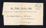 AUSTRALIAN STATES - TASMANIA - 1901 - OFFICIAL MAIL & CANCELLATION: Stampless folded Official 'Register of Births & Deaths' form headed 'On Public Service Only' used with lovely RUMNEY HUTS cds dated MR 26 1901. Addressed to OATLANDS. Rumney Huts was renamed BADEN in 1902. Very unusual.  (AUS45470)