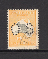 AUSTRALIA - 1929 - OFFICIAL ISSUES: 5/- grey & yellow 'Roo' issue with 'O.S.' official PERFIN, a very fine used copy with light cds. (SG O118)  (AUS/9535)