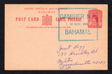 BAHAMAS - 1969 - POSTAL STATIONERY & CANCELLATION: 5c carmine on brown QE2 postal stationery card (H&G 19) used with large boxed GAMBIER N.P. BAHAMAS temporary cancel in blue dated 12 NOV 1969 with additional strike on reverse with similar smaller boxed cancel and GAMBIER cds all in blue. Addressed to USA. No message.  (BAH/42983)