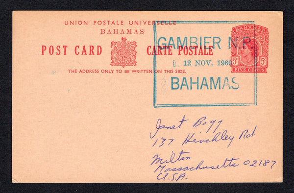 BAHAMAS - 1969 - POSTAL STATIONERY & CANCELLATION: 5c carmine on brown QE2 postal stationery card (H&G 19) used with large boxed GAMBIER N.P. BAHAMAS temporary cancel in blue dated 12 NOV 1969 with additional strike on reverse with similar smaller boxed cancel and GAMBIER cds all in blue. Addressed to USA. No message.  (BAH/42983)