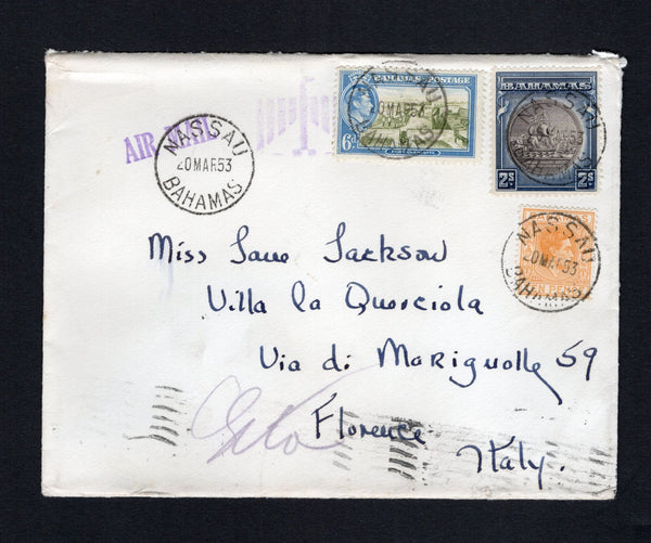 BAHAMAS - 1953 - HIGH VALUE FRANKING: Cover franked with 1931 2/- brownish black & steel blue, 1938 10d yellow orange and 1938 6d olive green & light blue GVI issue (SG 131c, 154c & 159) all tied by NASSAU cds's dated 20 MAR 1953. Sent airmail to ITALY with arrival mark on reverse. The 2/- is uncommon used on cover.  (BAH43531)