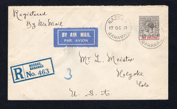 BAHAMAS - 1931 - REGISTRATION: Registered cover franked with single 1921 1/- black & carmine GV issue (SG 123) tied by NASSAU cds dated 17 OC 1931 with printed blue on white 'NASSAU BAHAMAS' registration label and blue airmail label alongside. Addressed to USA with arrival cds on reverse.  (BAH43895)