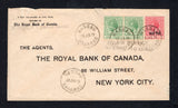 BAHAMAS - 1919 - FIRST FLIGHT: Printed 'The Royal Bank of Canada' cover franked with 1912 pair ½d green GV issue and 1918 1d carmine 'WAR TAX' overprint issue (SG 81 & 97) tied by NASSAU cds's dated 29 JAN 1919. Flown on the Nassau - Miami first flight with NASSAU despatch cds dated 30 JAN 1919 and two line 'BY AIR SERVICE NASSAU TO MIAMI' first flight cachet in purple all on front. Addressed to NEW YORK, USA.A very rare flight and the first from the Bahamas. (Muller #1a, rated 6000pts)  (BAH45619)