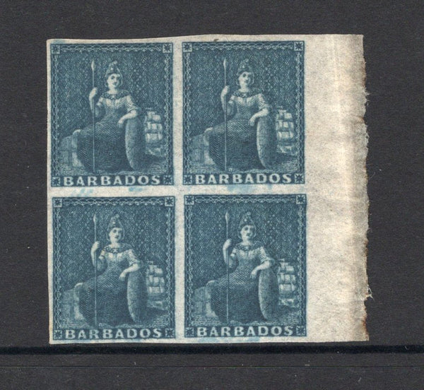 BARBADOS - 1852 - CLASSIC ISSUES: 1d slate blue 'Britannia' issue PREPARED FOR USE BUT UNISSUED, a fine mint side marginal block of four with gum and large margins all round. (SG 5a)  (BAR/11118)