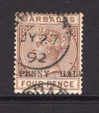 BARBADOS - 1892 - VARIETY: 'HALF-PENNY' on 4d deep brown 'QV' issue, a fine copy with variety 'PENNY HALF' used with BARBADOS cds dated JY 27 1892. Scarce. (SG 104e)  (BAR/11134)
