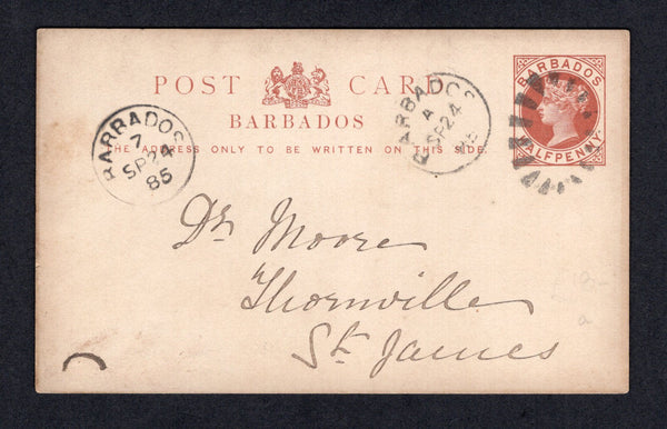 BARBADOS - 1885 - CANCELLATION: ½d brown QV postal stationery card (H&G 2) used with BARBADOS A duplex cds of BRIDGETOWN. Addressed to ST JAMES with fine strike of BARBADOS '7' arrival cds of ST JAMES. Scarce marking in particularly on incoming mail.  (BAR/17879)