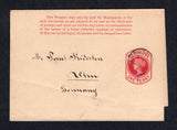 BARBADOS - 1892 - POSTAL STATIONERY: ½d on 1d carmine QV postal stationery wrapper (H&G E3) used with BARBADOS C cds of BRIDGETOWN. Addressed to GERMANY with arrival cds on reverse.  (BAR/17884)