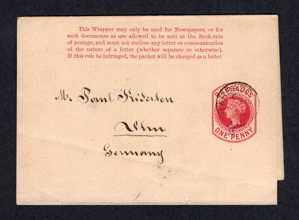 BARBADOS - 1892 - POSTAL STATIONERY: ½d on 1d carmine QV postal stationery wrapper (H&G E3) used with BARBADOS C cds of BRIDGETOWN. Addressed to GERMANY with arrival cds on reverse.  (BAR/17884)