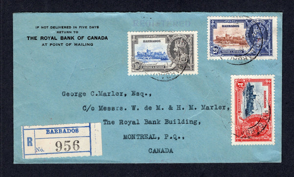 BARBADOS - 1936 - SILVER JUBILEE ISSUE & REGISTRATION: Registered cover franked with 1935 1d deep blue & scarlet, 1½d ultramarine & grey and 2½d brown & deep blue 'Silver Jubilee' issue (SG241/243) tied by GPO BARBADOS cds's with blue & white registration label alongside. Addressed to CANADA with various transit & arrival marks on reverse. Nice commercial franking.  (BAR/17892)