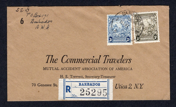 BARBADOS - 1947 - REGISTRATION: Registered cover franked with 1938 3d blue and 1/- deep brown olive (SG 252c & 255a) tied by BARBADOS R.L.O. cds with blue & white 'BARBADOS' registration label alongside. Addressed to USA with transit and arrival marks on reverse.  (BAR/17898)