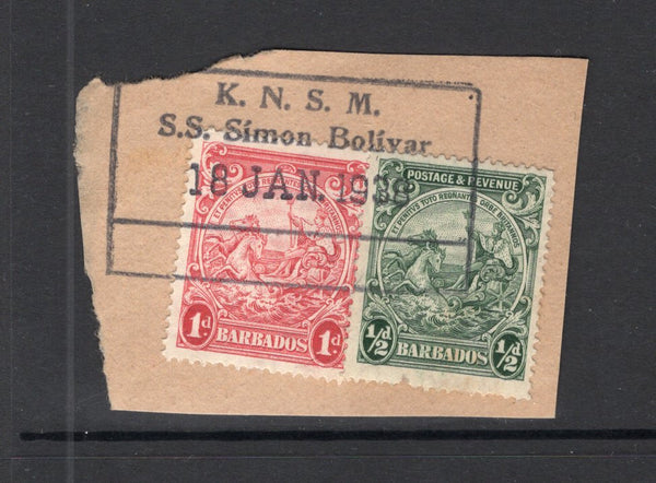 BARBADOS - 1938 - CANCELLATION & MARITIME: ½d green and 1d scarlet GVI issue tied on piece by fine strike of boxed 'K.N.S.M. S.S. SIMON BOLIVAR' ship cancel in purple dated 18 JAN 1938. (SG 248/249)  (BAR/24716)
