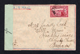BARBADOS - 1943 - CENSORED MAIL: Incoming airmail cover from Trinidad franked with 1938 5c magenta GVI issue (SG 249b) tied by PORT OF SPAIN cds dared JAN 26 1943. Addressed to CHRISTCHURCH, BARBADOS censored on arrival with fine black on pale green 'P.C.90 OPENED BY EXAMINER H/17' censor strip at right tied by BARBADOS arrival cds on reverse. A scarce censor strip.  (BAR31123)