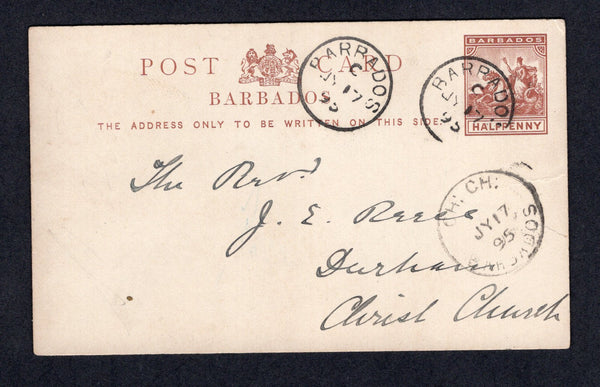 BARBADOS - 1895 - POSTAL STATIONERY & CANCELLATION: ½d reddish brown postal stationery card (H&G 8) used with BARBADOS cds dated JUL 17 1895. Addressed internally to 'The Revd J. E. Reece, Durham, Christ Church' with fine strike of CH: CH: arrival cds on front. The message mentions a 3hr 20min train journey across the island.  (BAR/37520)