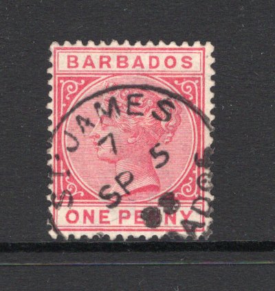 BARBADOS - 1892 - CANCELLATION: 1d rose QV issue used with fine strike of ST. JAMES '7' cds dated SEP 5 1888. (SG 91)  (BAR/37592)