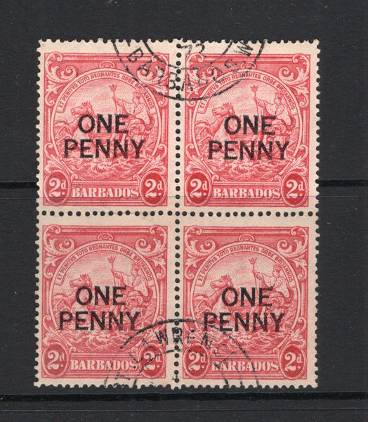 BARBADOS - 1947 - MULTIPLE: 1d on 2d carmine 'Badge of the Colony' issue, a fine cds used block of four perf 14. (SG 264)  (BAR/41786)
